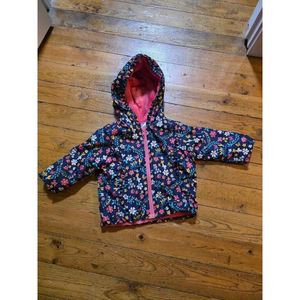 Park Bench Kids Girls Floral Hooded Jacket Navy Pink Faux Fur Lined 12 Months